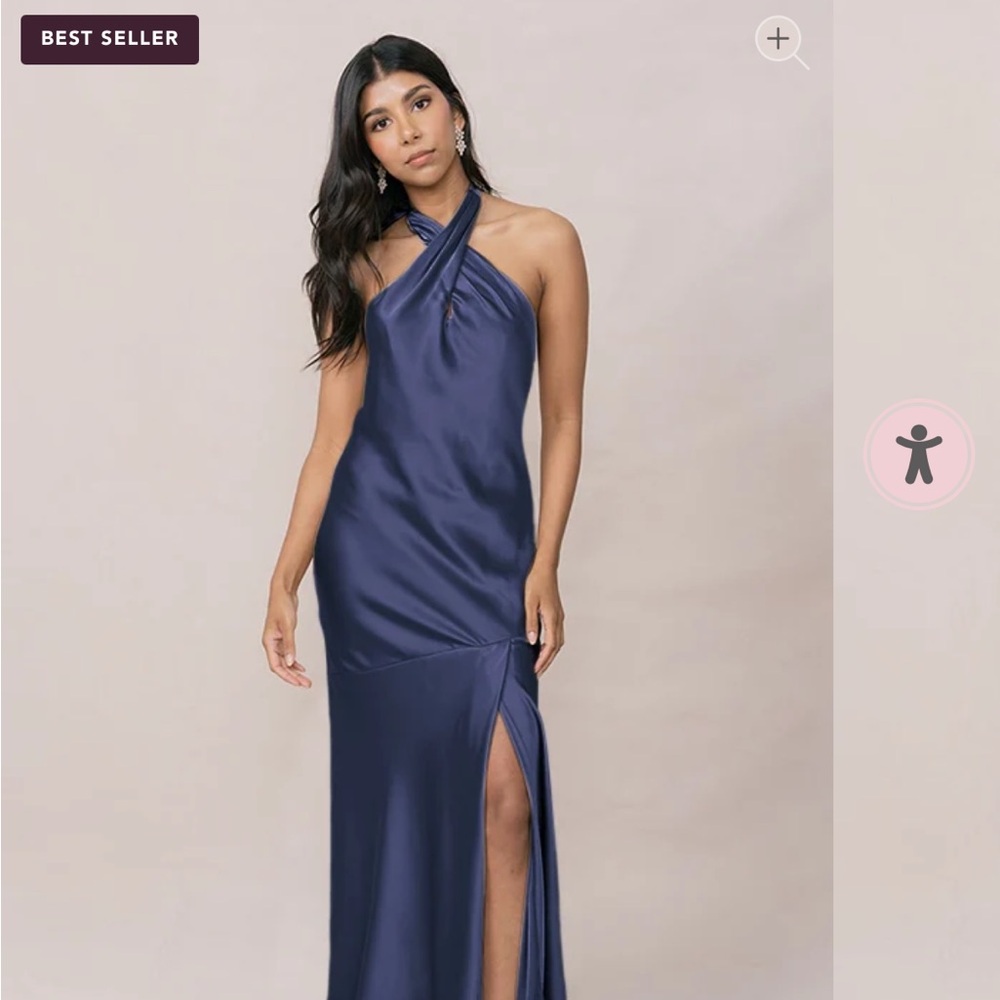 Revelry Navy One-Shoulder Satin bridesmaid dress